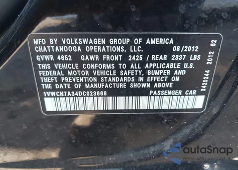 2013 Volkswagen Passat 2.0L Tdi Sel Premium from USA, damaged, VIN 1VWCN7A34DC023668